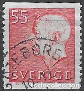Sellos: SUECIA 1969 - REY GUSTAVO V, CON PIE DE IMPRENTA Y N&Uacute;MEROS BLANCOS, ROJO - USADO