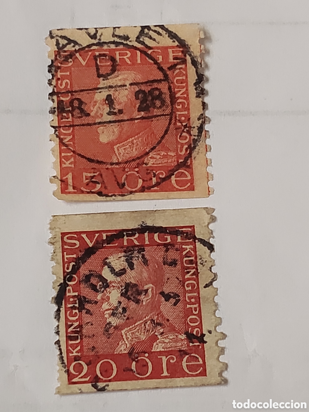 Sellos: 2 Sellos de Suecia Rey Gustavo V 1921 usados