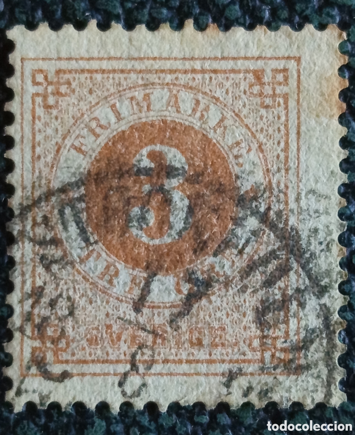 Sellos: Sello Suecia 3 Ore Marron Numeral 1872 Matasellos Fechador Scott #17 Usado