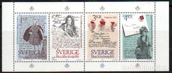 Sellos: SUECIA IVERT N&ordm; 1270/3, EXPOSICION FILATELICA STOCKHOLIA'86 CARTAS HISTORICAS, NUEVO** EN MINIPLIEGO