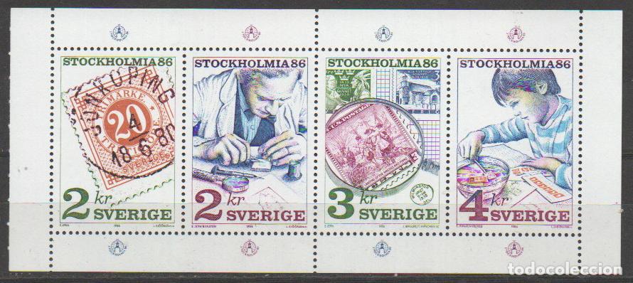 Sellos: SUECIA IVERT N&ordm; 1357/60, EXPOSICION FILATELICA STOCKHOLIA'86 LA FILATELIA, NUEVO** EN MINIPLIEGO