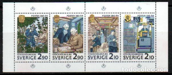 Sellos: SUECIA IVERT N&ordm; 1381/4, EXPOSICION FILATELICA STOCKHOLIA'86, EL CORREO, NUEVO** EN MINIPLIEGO