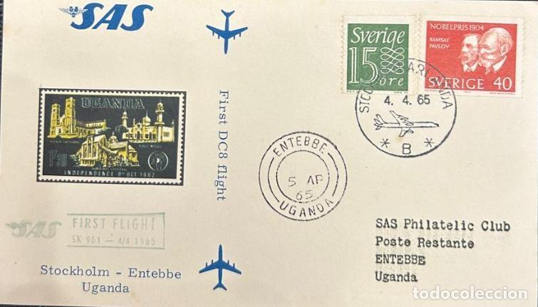 Sellos: TS.)1965, SWEDEN, FIRST DAY COVER, AIRMAIL, STOCKHOLM TO ENTEBBE (UGANDA). TWO STAMPS: ONE &rdquo;BASIC&rdquo; (