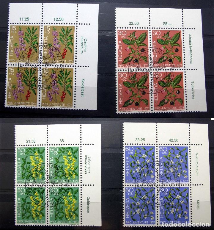 Timbres: Lote de sellos Pro Juventute 1974 en bloque de 4 con matasellos de primer d&iacute;a (flores, frutos)