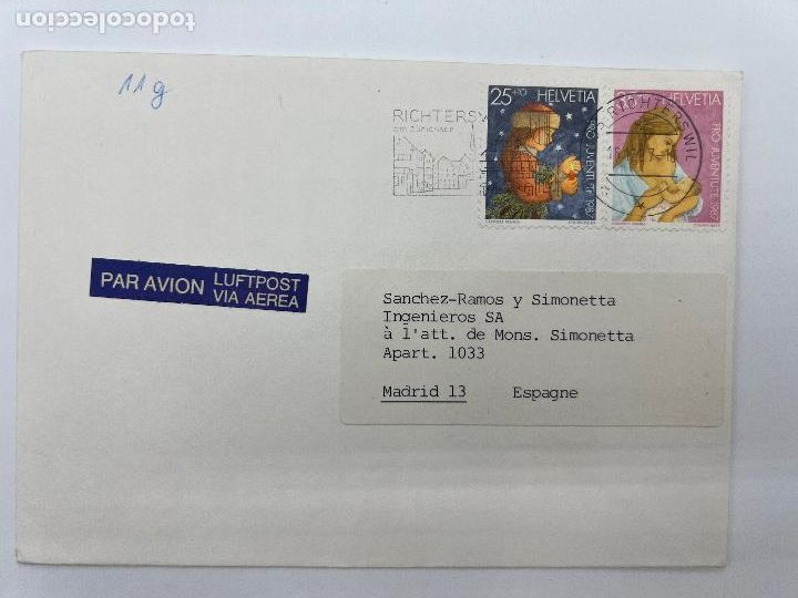 Sellos: CORREO AEREO. RICHTERSWILL - ESPA&Ntilde;A. 1987. - Foto 1