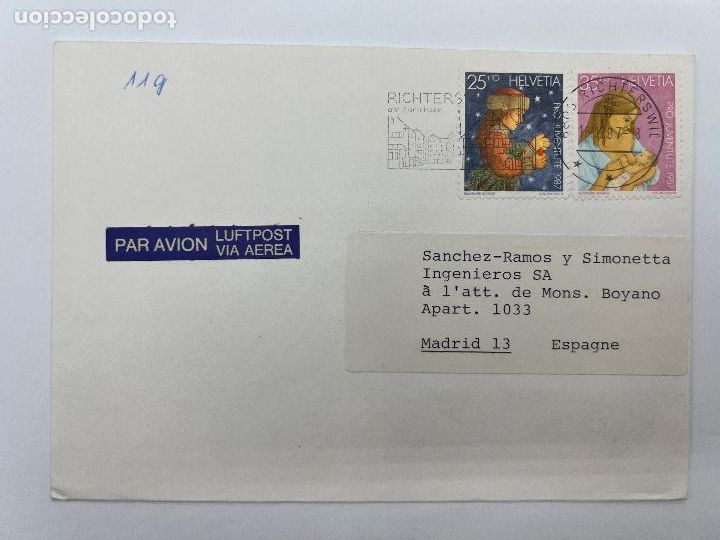 Sellos: CORREO AEREO. RICHTERSWILL - ESPA&Ntilde;A. 1987. - Foto 1