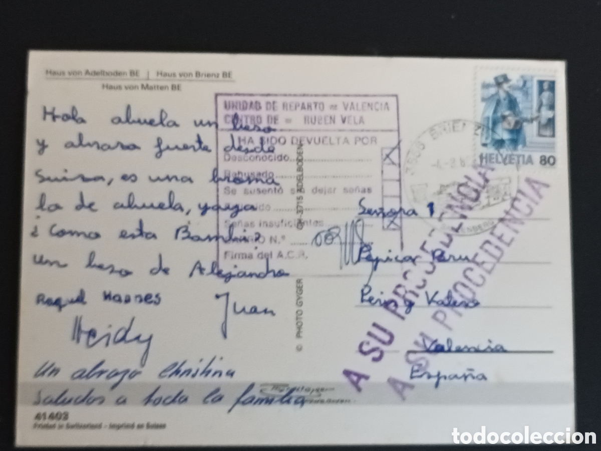 Sellos: SUIZA. POSTAL FRANQUEADA Y DEVUELTA A SU PROCEDENCIA. - Foto 1