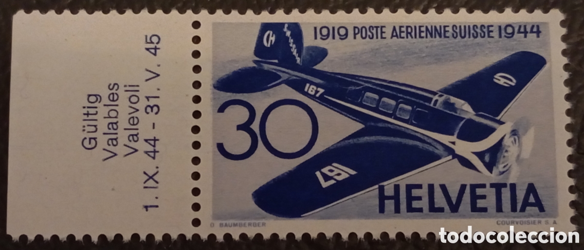 Sellos: Sello Suiza 1944 Aviaci&oacute;n 30c MNH - 25 Aniv. Correo A&eacute;reo - Con borde de hoja