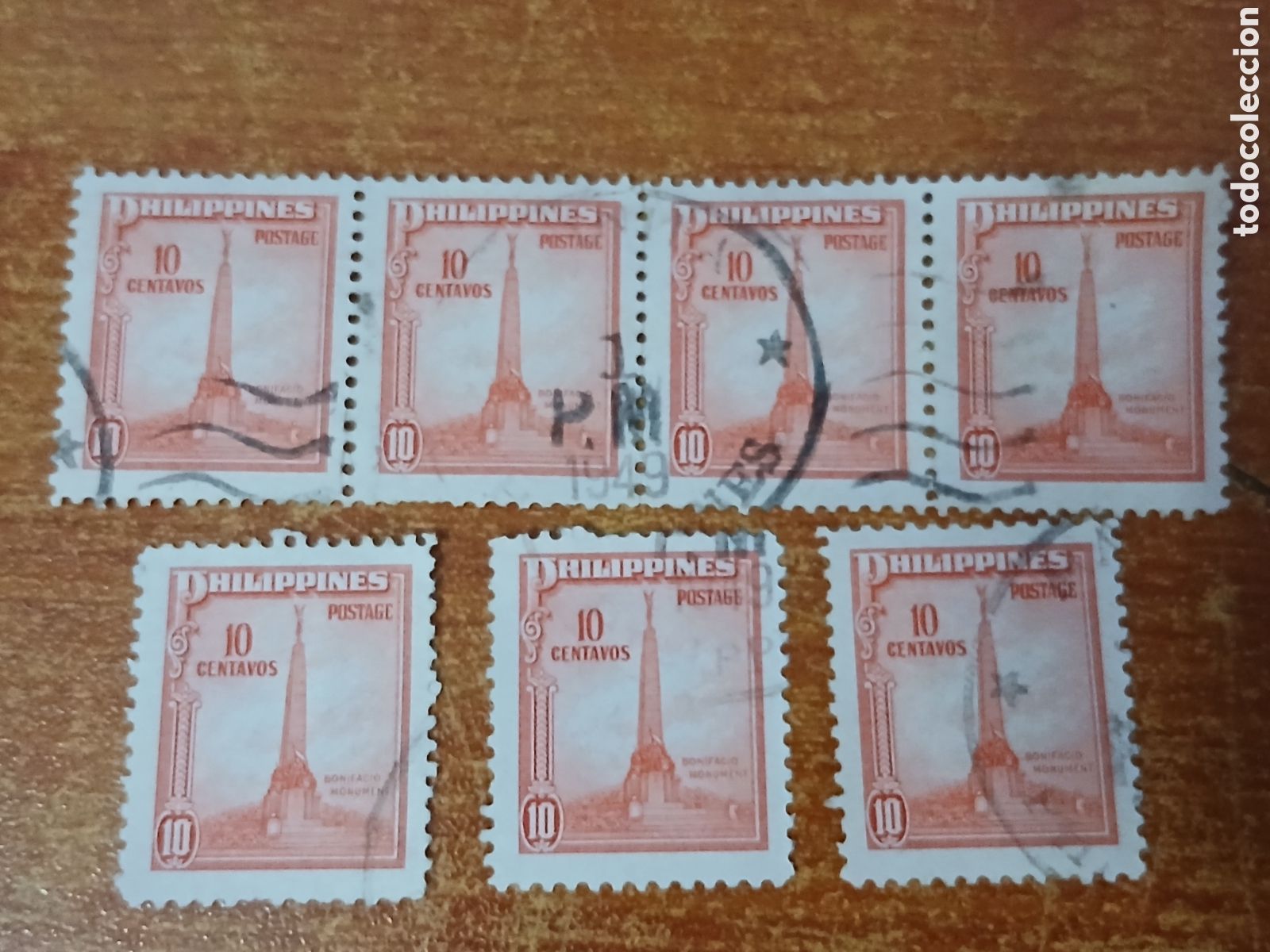 Sellos: 5 Sellos Filipinas Monumentos Bonifacio 1.947 -10 centavos-