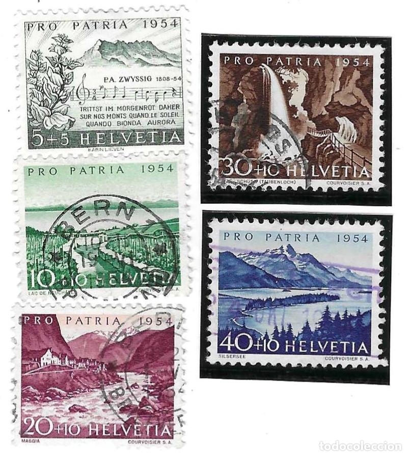 Sellos: Serie usada Suiza. Yvert n&ordm; 548/52, a&ntilde;o 1954. M&uacute;sica, Rios y Monta&ntilde;as. ref. 2-suiza548-52