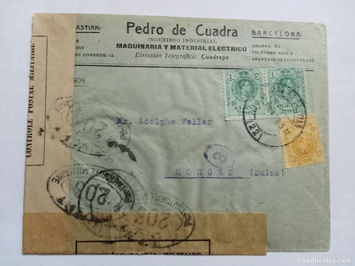Sellos: CARTA DIRIGIDA DE SAN SEBATIAN A HORGEN (SUIZA), A&Ntilde;O 1919, ANVERSO DOS MATASELLOS DE SALIDA