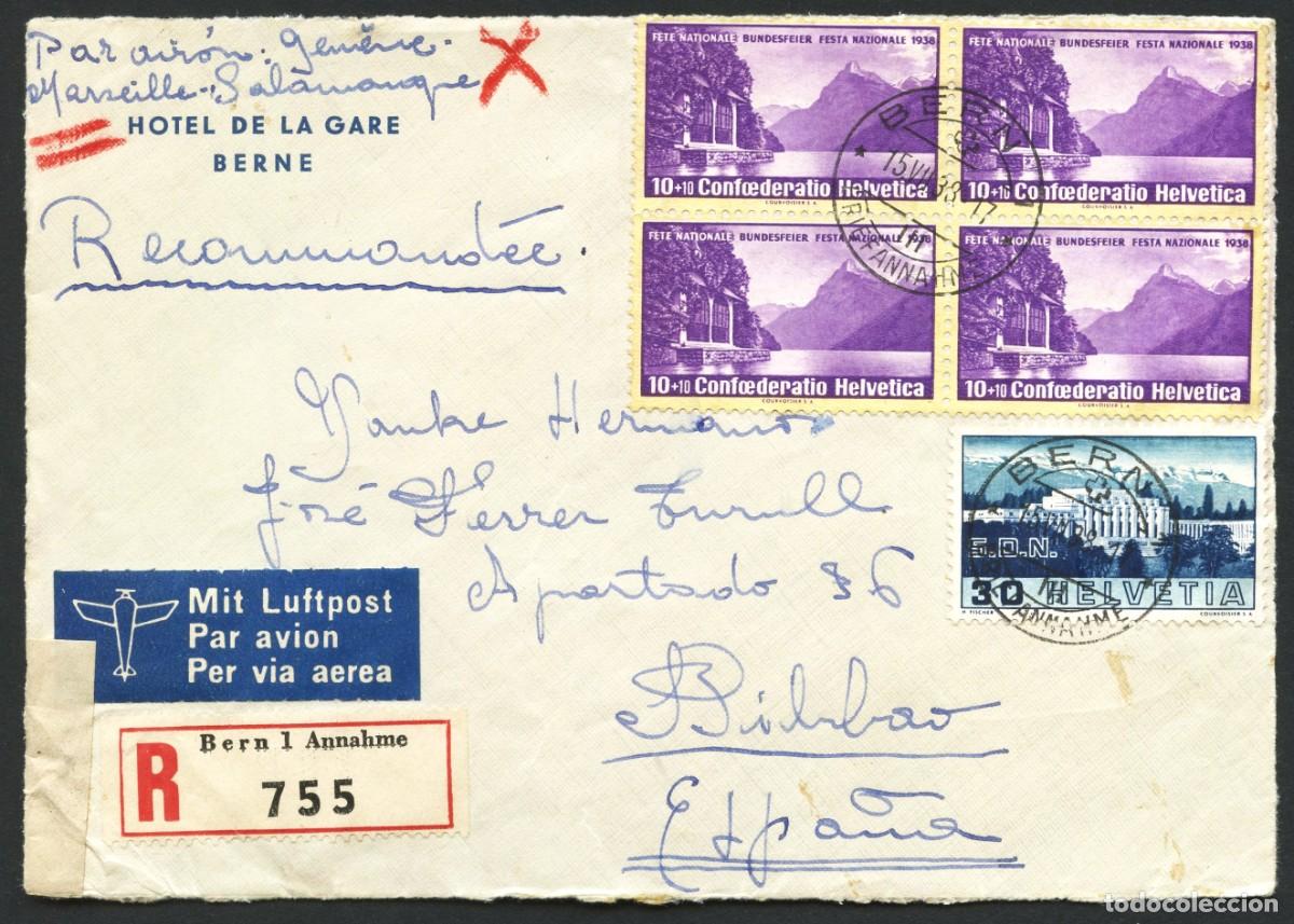 Sellos: SUIZA, FRONTAL, CORREO A&Eacute;REO, CIRCULADO SUIZA A ESPA&Ntilde;A, 1938