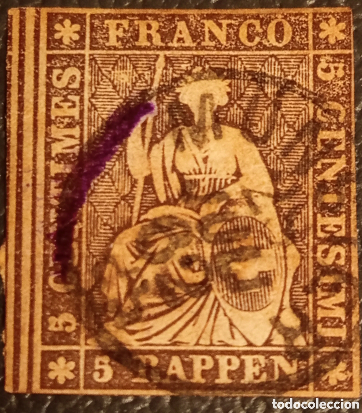 Sellos: Suiza 1858 - Helvetia Strubel 5r Marr&oacute;n Scott 36 - Margen de Hoja Ancho con L&iacute;nea de Gu&iacute;a