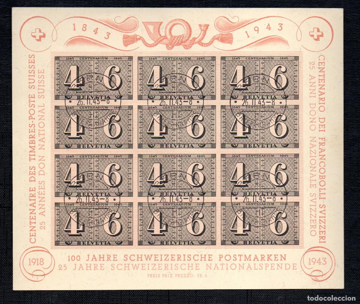 Sellos: SUIZA. 1943. HOJA BLOQUE. YT 8. CENTENARIO DEL SELLO DE CORREOS