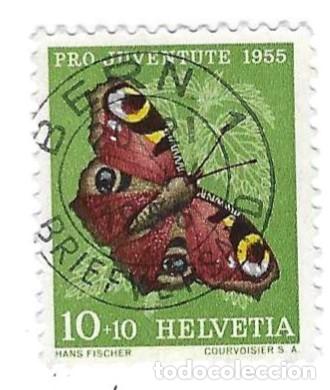 Sellos: Sello usado Suiza. Yvert n&ordm; 568. a&ntilde;o 1955. Pro Juventud. Mariposa. ref. 2-suiza568