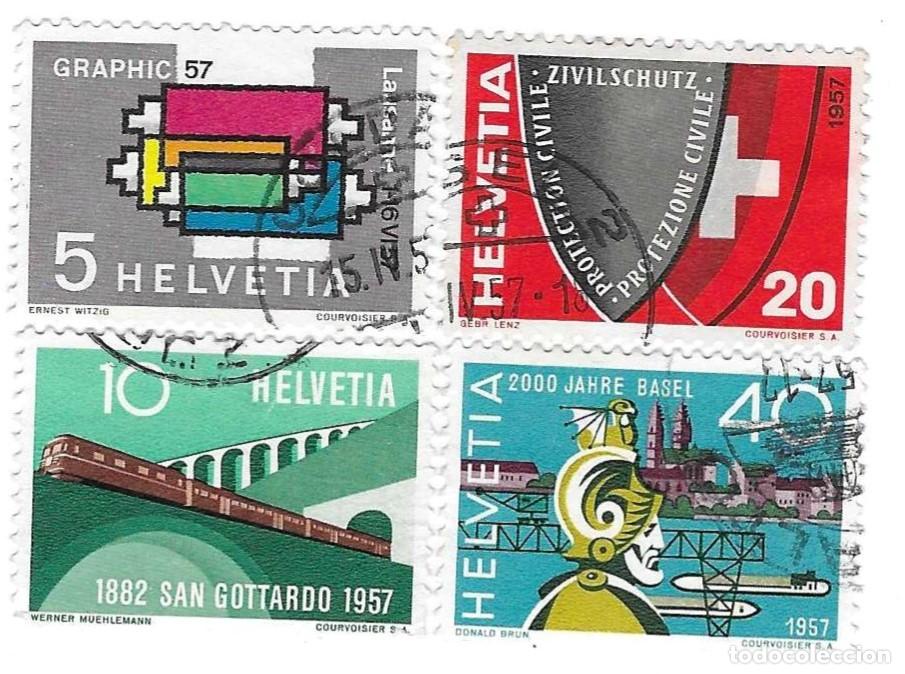 Sellos: Serie usada Suiza. Yvert n&ordm; 586/9, a&ntilde;o 1957. Imprenta, Transportes. ref. 2-suiza586-9