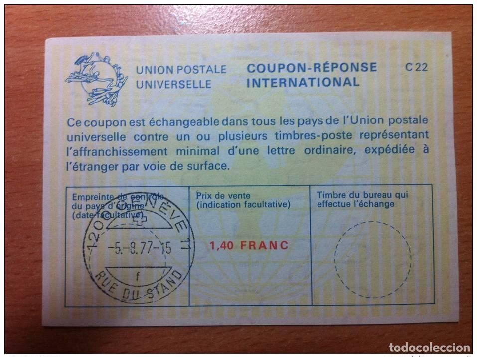Sellos: Suiza 140 FRANCO 05/08/1977 UPU Uni&oacute;n Postal INTERNACIONAL CUP&Oacute;N-RESPUESTA C22