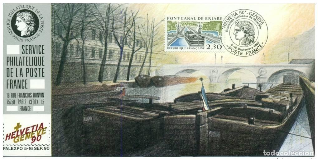 Sellos: 068 Mapa oficial Exposici&oacute;n Ginebra 1990 Francia FDC Canal Briare Boat Bridge