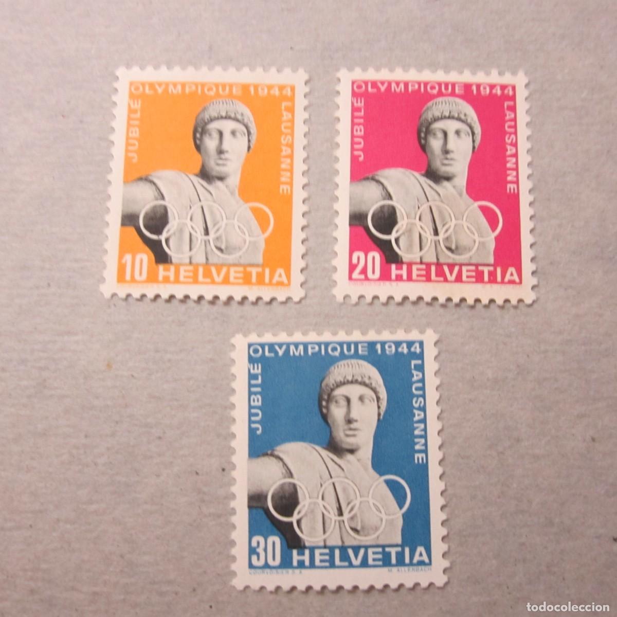 Sellos: SUIZA 1944, ZUMSTEIN N&ordm; 259/261**, 50 ANIVERSARIO DEL COMITE OLIMPICO.