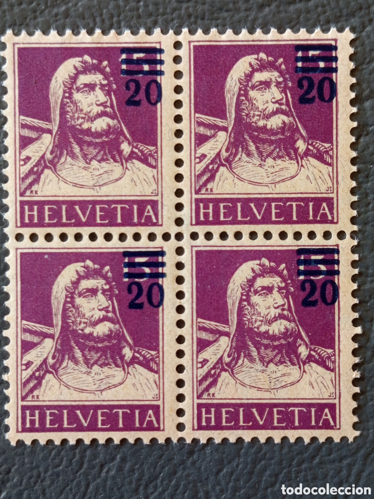 Sellos: Suiza 1921 Tell 20/15 Rp Violeta Sobrecarga Bloque x4 MNH Scott 181
