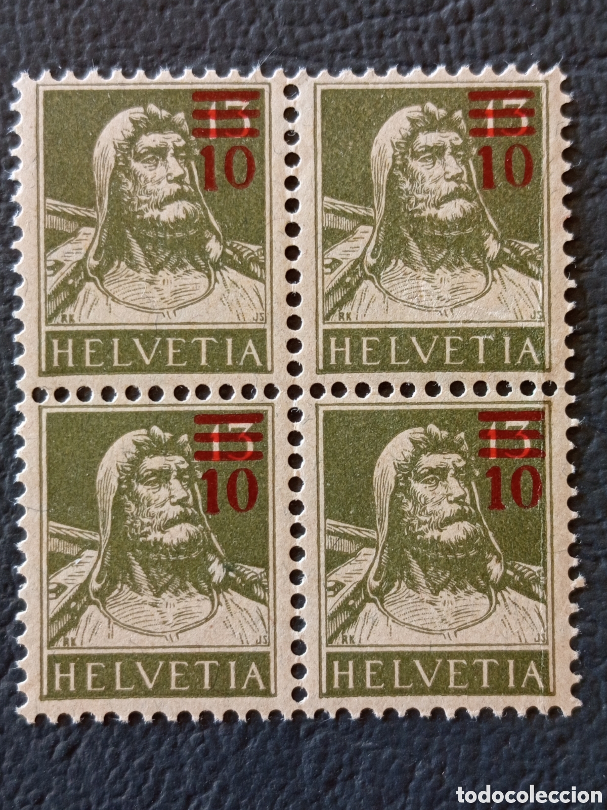 Sellos: Suiza 1921 Tell 10/13 Rp Oliva Sobrecarga Roja Bloque x4 Scott 179 MNH