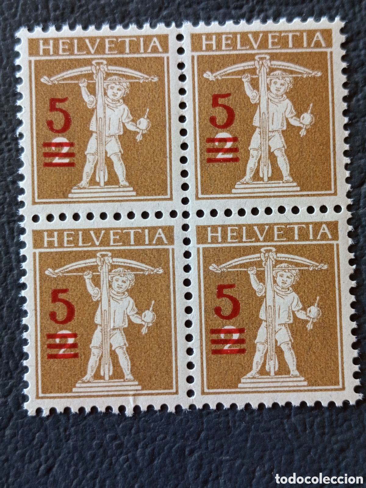 Sellos: Suiza 1921 Tell Hijo 5/2 Rp Ocre Sobrecarga Roja Bloque x4 Scott 172 MNH