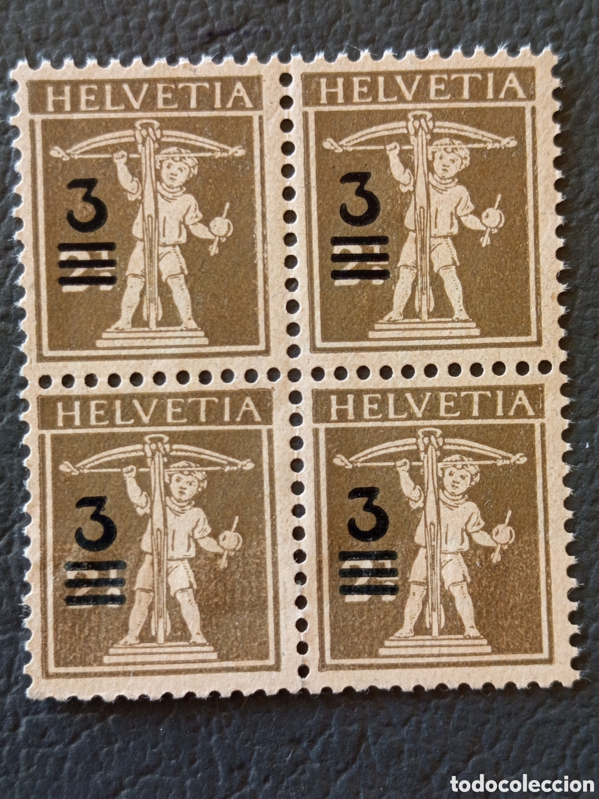 Sellos: Suiza 1921 Hijo Tell 3 sobre 2 Rp Ocre Negro Bloque x4 Scott 171 MNH