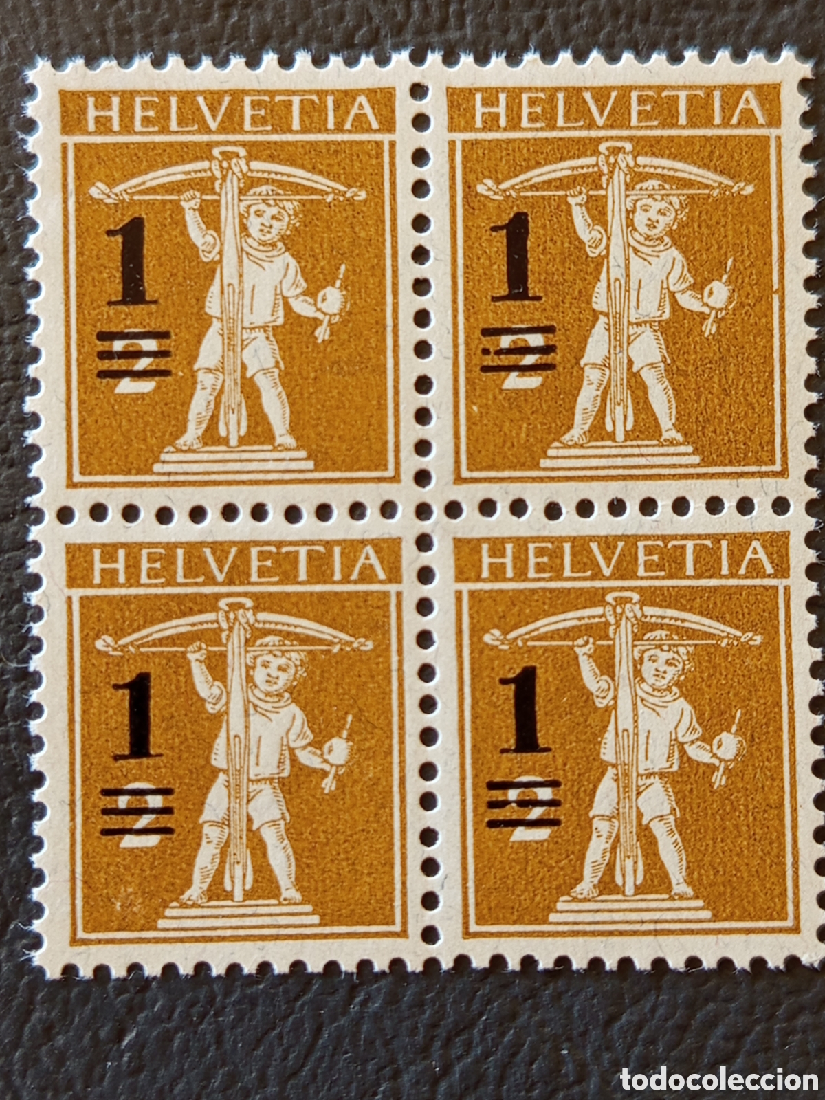 Sellos: Suiza 1921 Walter Tell 1 sobre 2 Rp Ocre Dorado Bloque x4 Scott 169 MNH