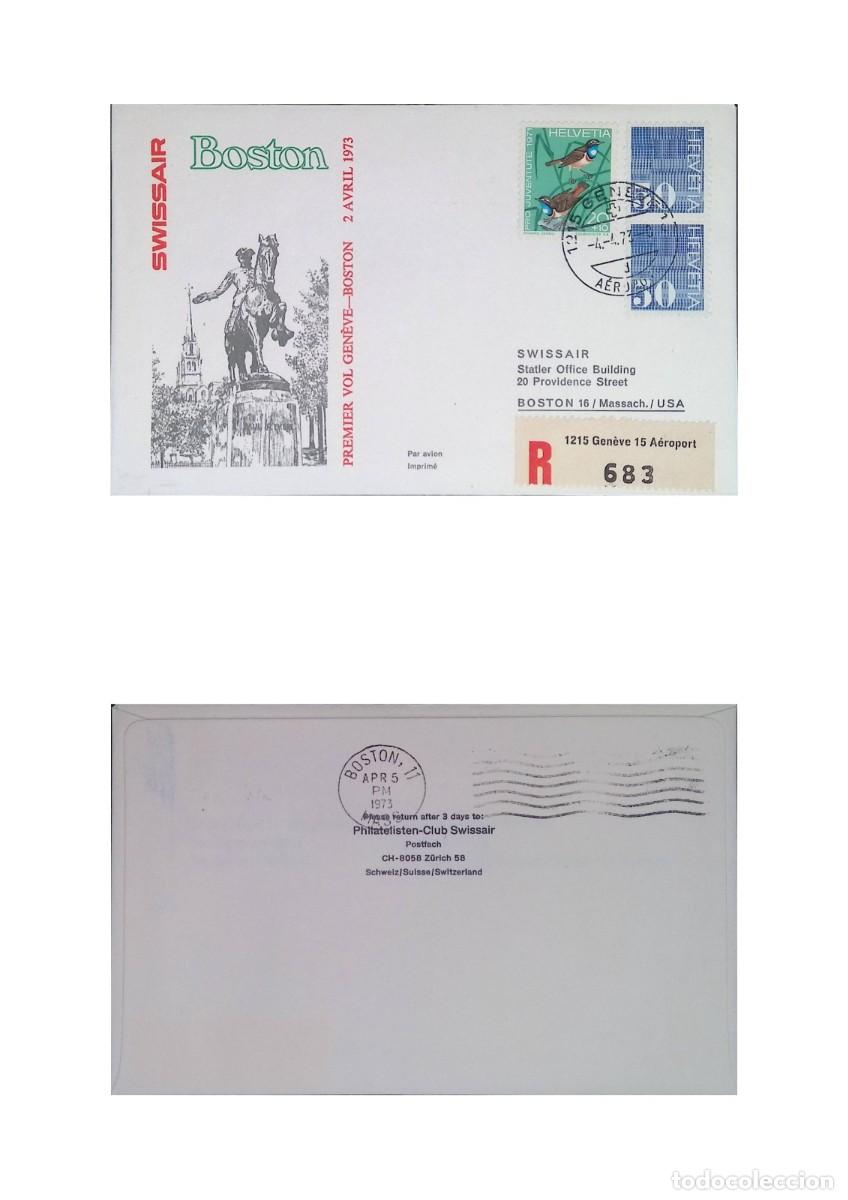 Timbres: O) SWITZERLAND. NUMERAL 50c VALUE, PRO-JUVENTUD, BIRDS, SWISSAIR, FIRST FLIGHT GENOA-BOSTON