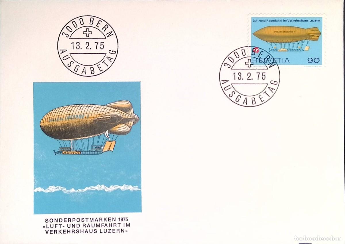 Sellos: O) 1975 SWITZERLAND, LUFT UND RAUMFAHRT, ZEPPELIN - VILE DE LUCERNE, DIRIGIBLE, INTERNATIONAL METE