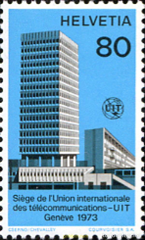 Sellos: 129075 MNH SUIZA. Uni&oacute;n Internacional de Telecomunicaciones 1973 NUEVO EDIFICIO DE LA U.I.T., EN G
