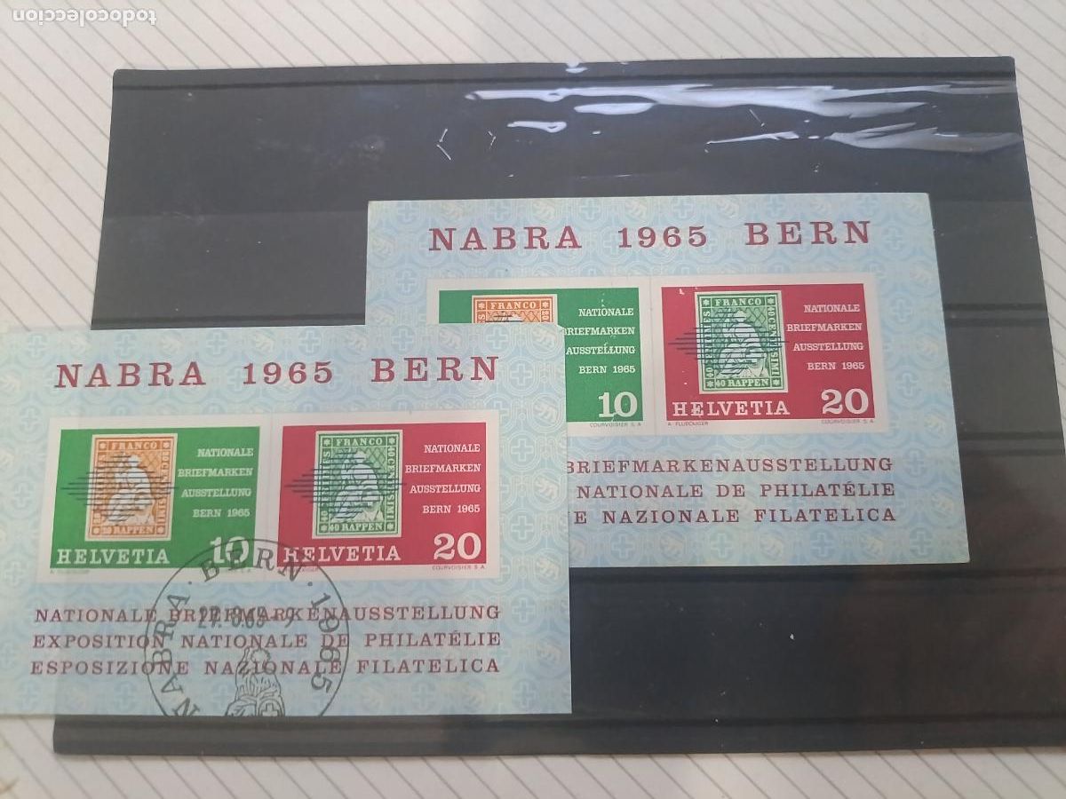Sellos: Suiza. 2 hojitas nuevas y matasellada. NABRA 1965 Bern Schweiz Block 20 Briefmarken Helvetia