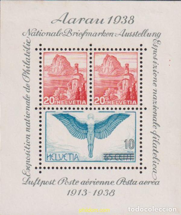 Sellos: 615877 HINGED SUIZA 1938 EXPOSICION FILATELICA NACIONAL DE AARAU Y 25 ANIVERSARIO DEL CORREO AEREO