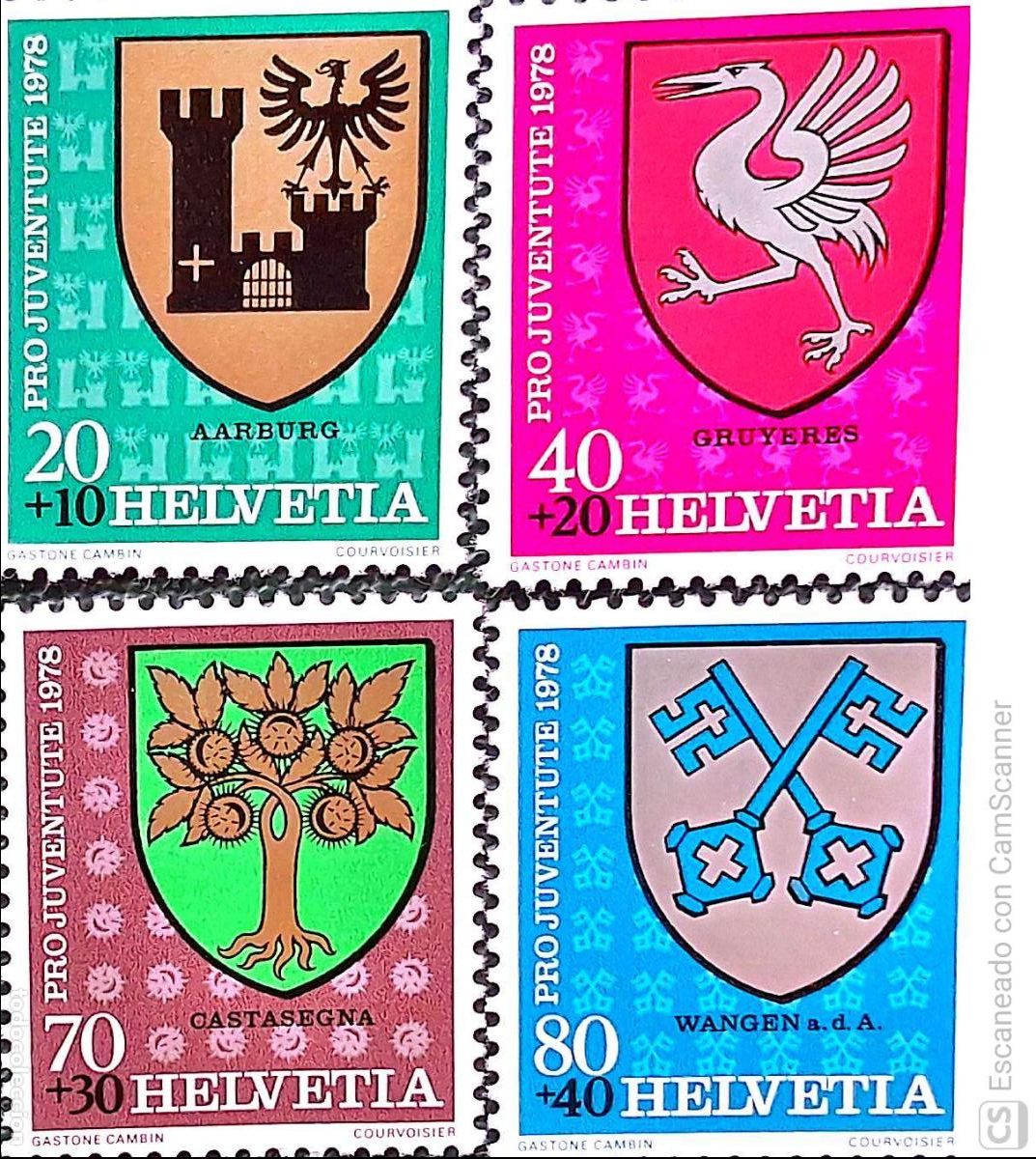 Sellos: Suiza. 1072/75 Pro-Juventud. Escudos comunales: Aarburg, Gruy&egrave;res, Castasegna y Wangemamder Aare. 19
