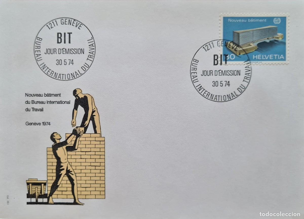Selos: Sobre de primer d&iacute;a con sello de servicio de Suiza 1974: Inauguraci&oacute;n del BIT en Ginebra