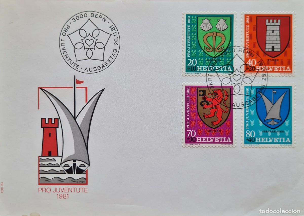Briefmarken: Sobre de primer d&iacute;a de Suiza 1981: pro-juventud. Escudos comunales