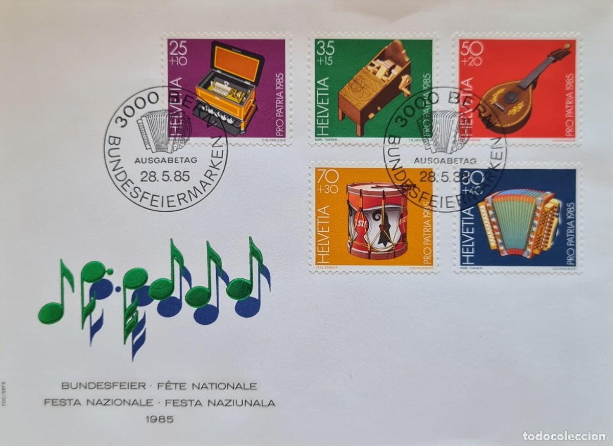 Stamps: Sobre de primer d&iacute;a de Suiza 1985: pro-patria. Instrumentos de m&uacute;sica populares suizos
