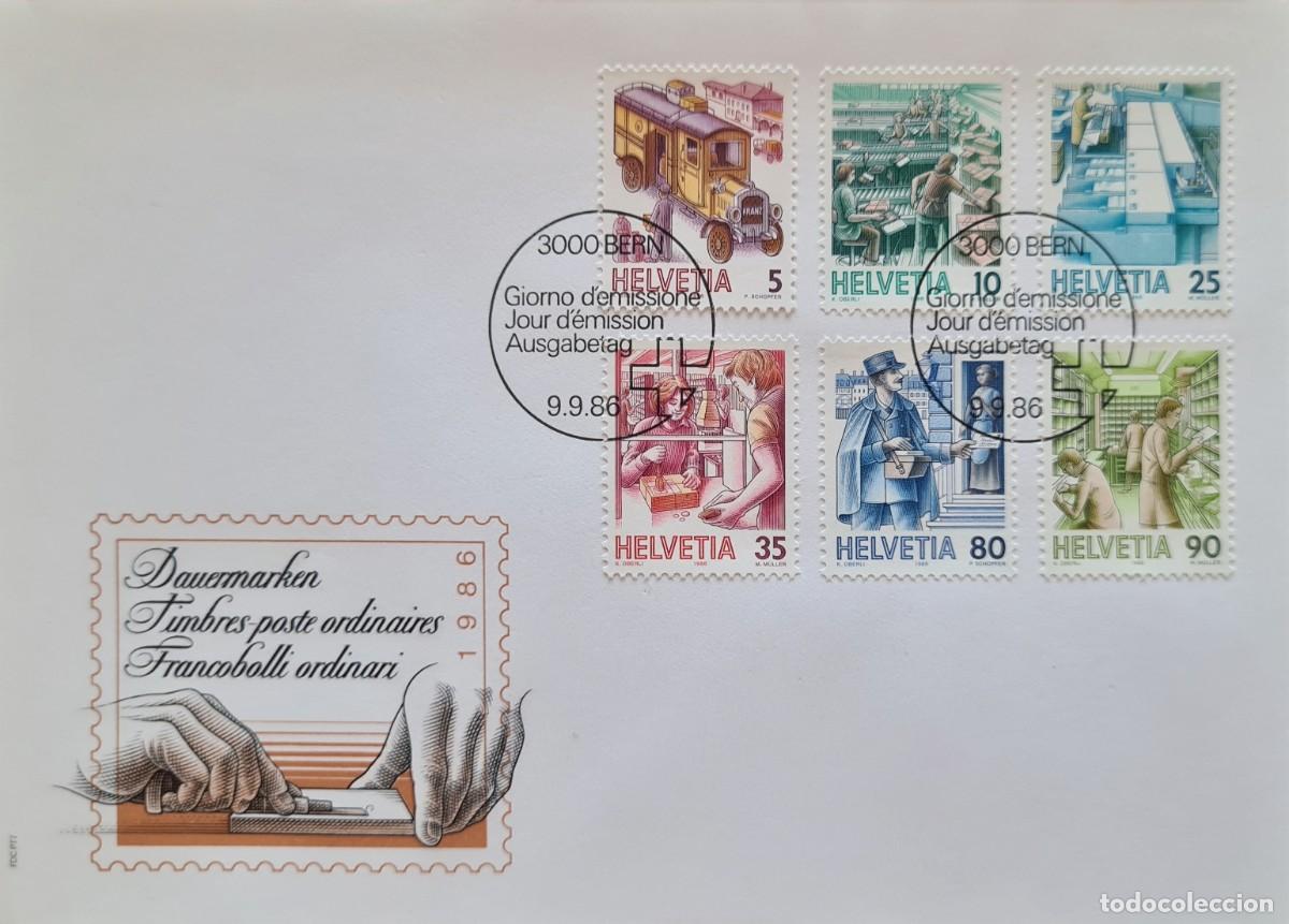 Sellos: Sobre de primer d&iacute;a de Suiza 1986: el transporte postal a lo largo del tiempo (I)