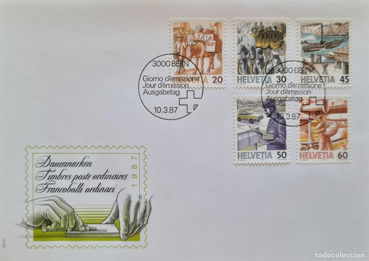 Sellos: Sobre de primer d&iacute;a de Suiza 1987: el transporte postal a lo largo del tiempo (II)