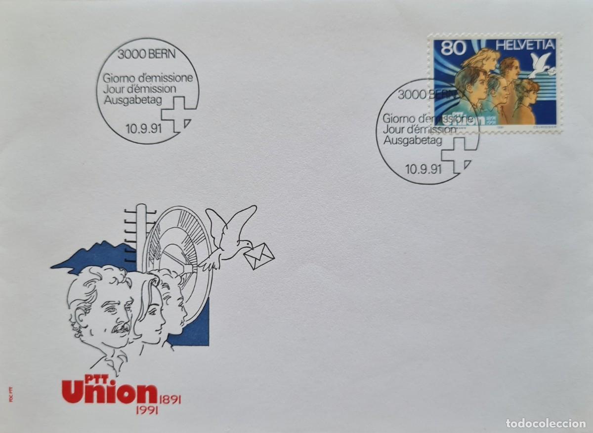Sellos: Sobre de primer d&iacute;a de Suiza 1991: Centenario de la Uni&oacute;n de los PTT