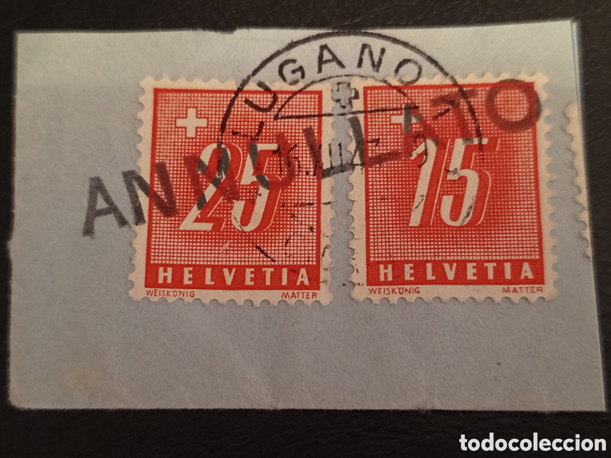 Sellos: Suiza Helvetia tasa - Doble matasellos Lugano/Annullato, a&ntilde;o XX