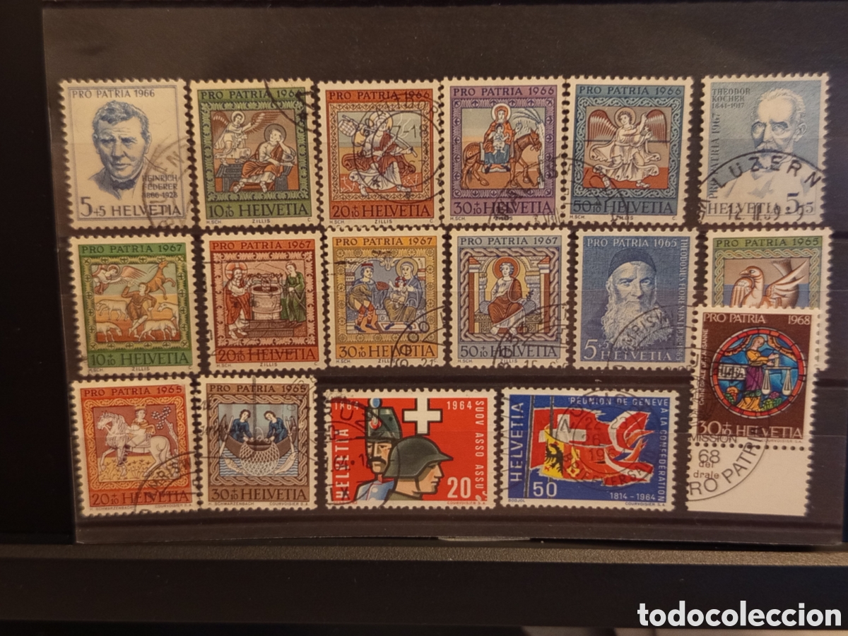 Sellos: Tarjeta con Lote de 17 Sellos de Suiza Helvetia (A&ntilde;os 1964-1968)