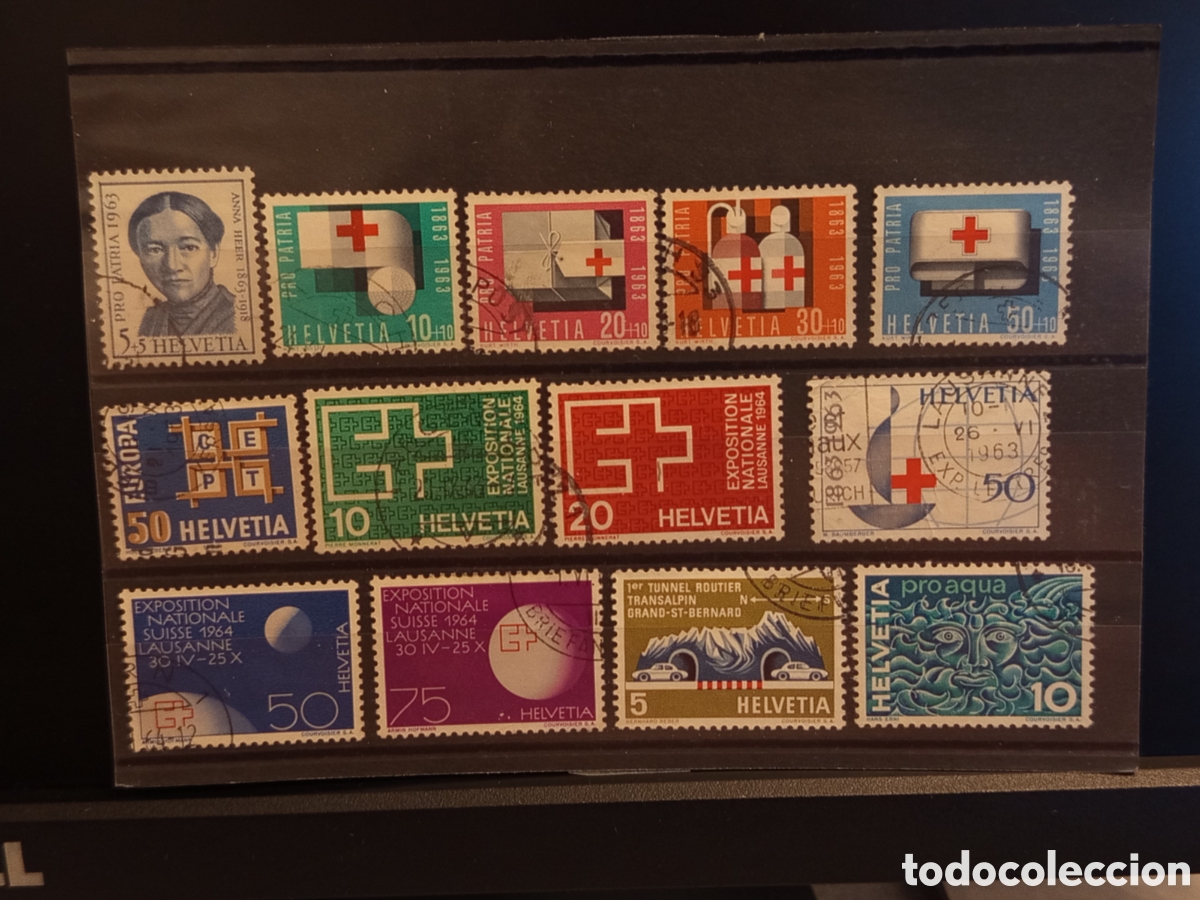 Sellos: Tarjeta con Lote de 13 Sellos de Suiza Helvetia (A&ntilde;os 1963-1964)