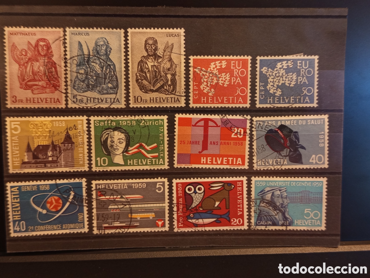Sellos: Tarjeta con Lote de 13 Sellos de Suiza Helvetia (A&ntilde;os 1958-1961)