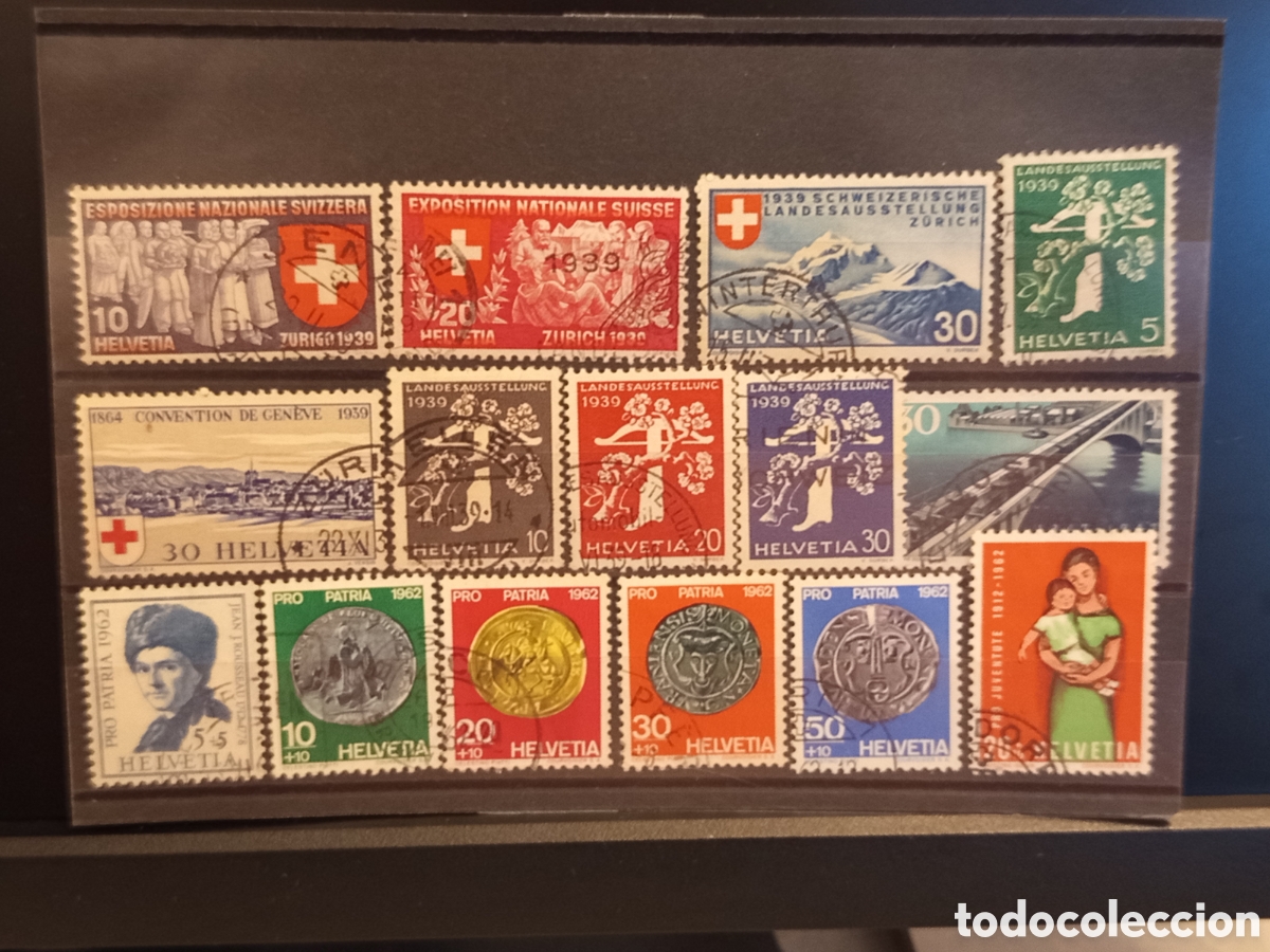Sellos: Tarjeta con Lote de 14 Sellos Cl&aacute;sicos y Ben&eacute;ficos de Suiza (A&ntilde;os 1939-1962)