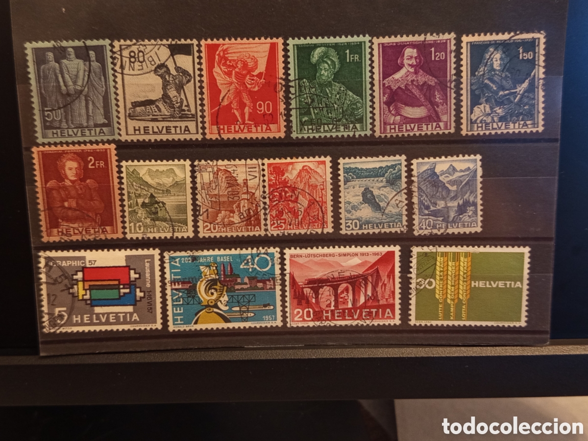 Sellos: Tarjeta con Lote de 15 Sellos Cl&aacute;sicos e Hist&oacute;ricos de Suiza (A&ntilde;os 1949-1963)