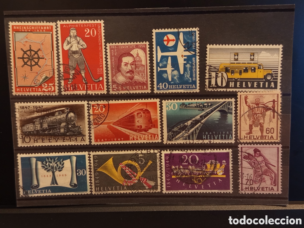 Sellos: Tarjeta con Lote de 13 Sellos Conmemorativos de Suiza (A&ntilde;os 1947-1956)
