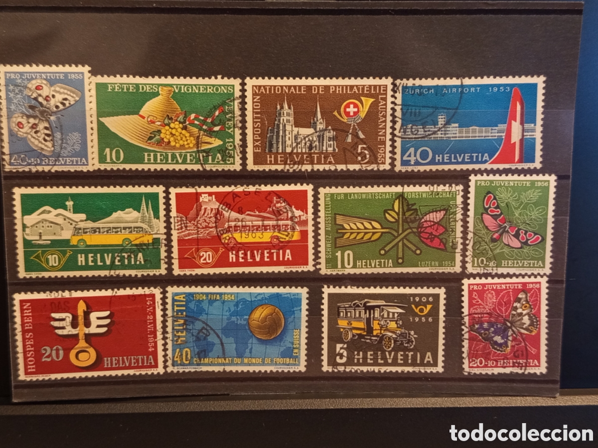 Sellos: Tarjeta con Lote de 12 Sellos Conmemorativos de Suiza (A&ntilde;os 1953-1956)