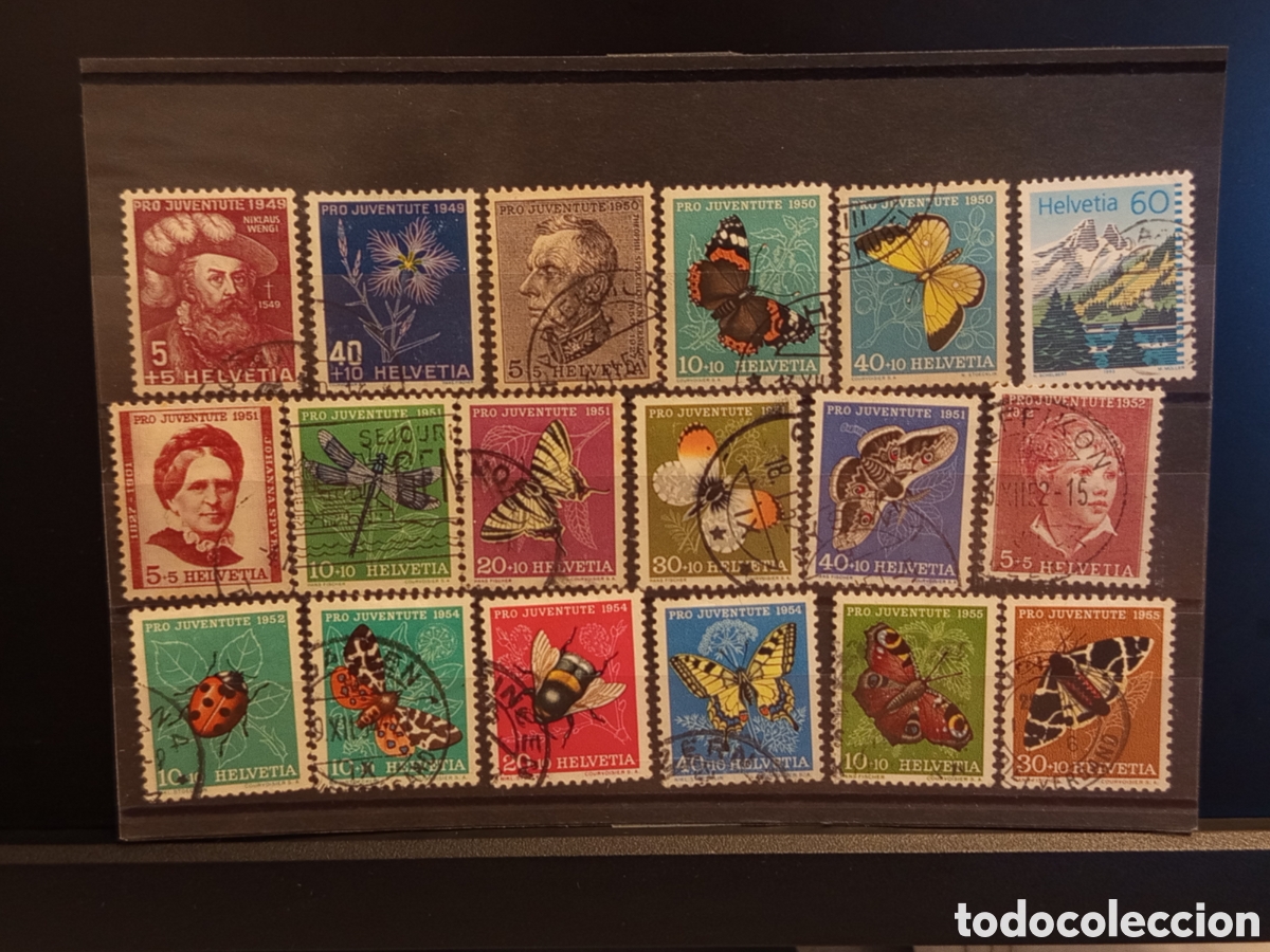 Sellos: Tarjeta con Lote de 17 Sellos de Suiza &rdquo;Pro Juventute&rdquo; e Insectos (A&ntilde;os 1949-1955)