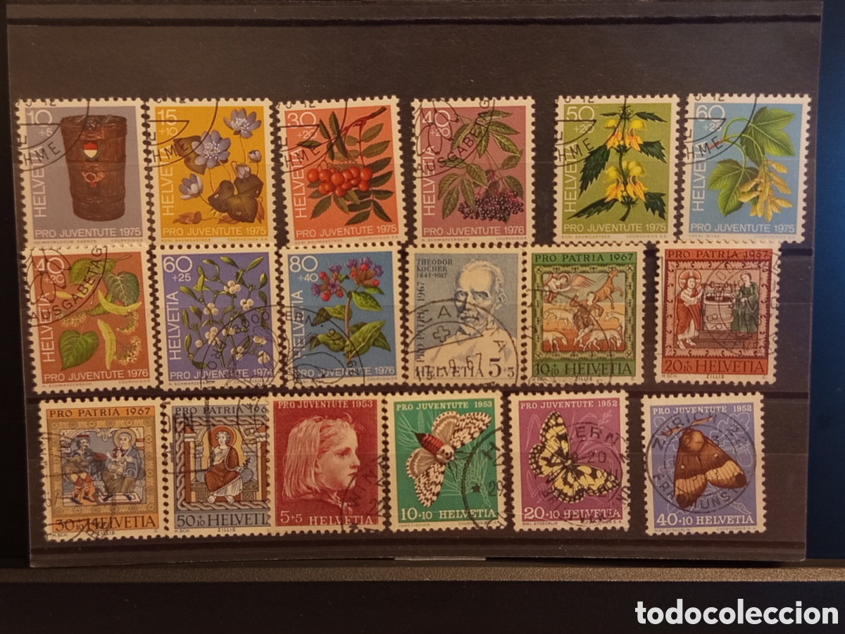 Sellos: Tarjeta con Lote de 15 Sellos de Suiza &rdquo;Pro Juventute&rdquo; y Flora (A&ntilde;os 1956-1961)